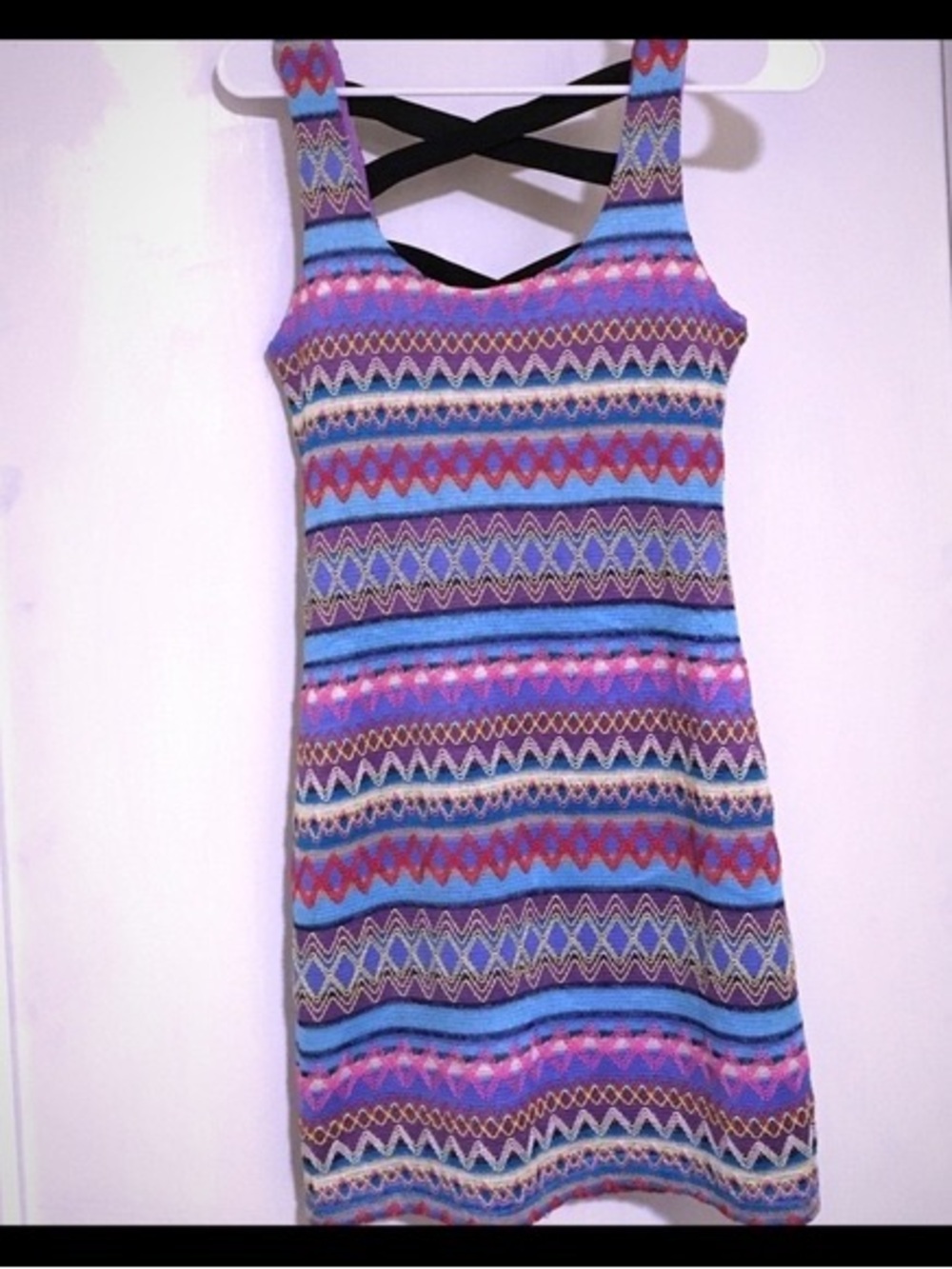 Forever 21 Blue Pink Multicolor Striped Zigzag Mini Dress with Crisscross Back